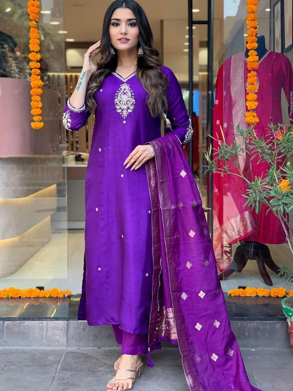 Ethnic Motifs Embroidered Kurta With Bottom & Dupatta Set