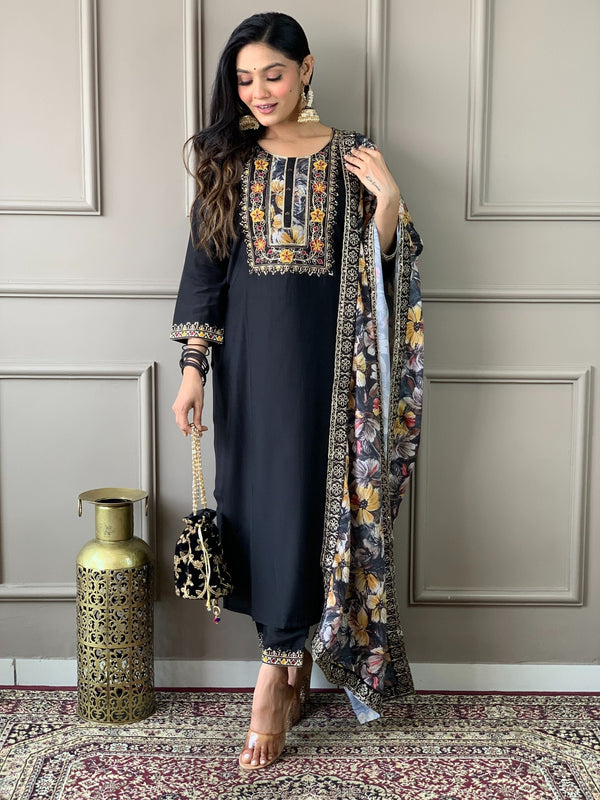 Black Embroidered Kurta With Bottom & Dupatta Set