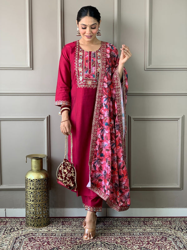 Dark Pink Embroidered Kurta With Bottom & Dupatta Set