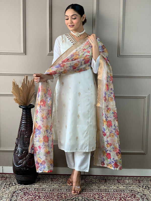 White V-Neck Embroidered Kurta With Bottom & Dupatta Set