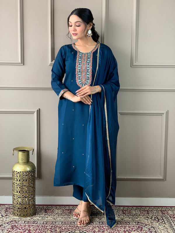 Teal Round Neck Embroidered Kurta With Bottom & Dupatta Set