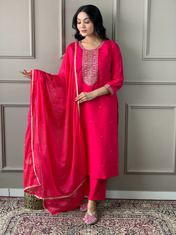 Pink Round Neck Embroidered Kurta With Bottom & Dupatta Set