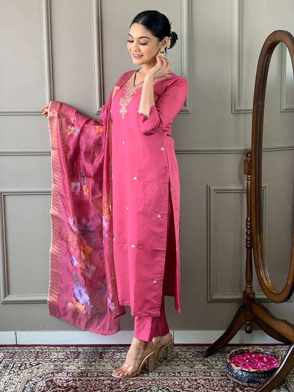 V-Neck Embroidered Kurta With Bottom & Dupatta Set