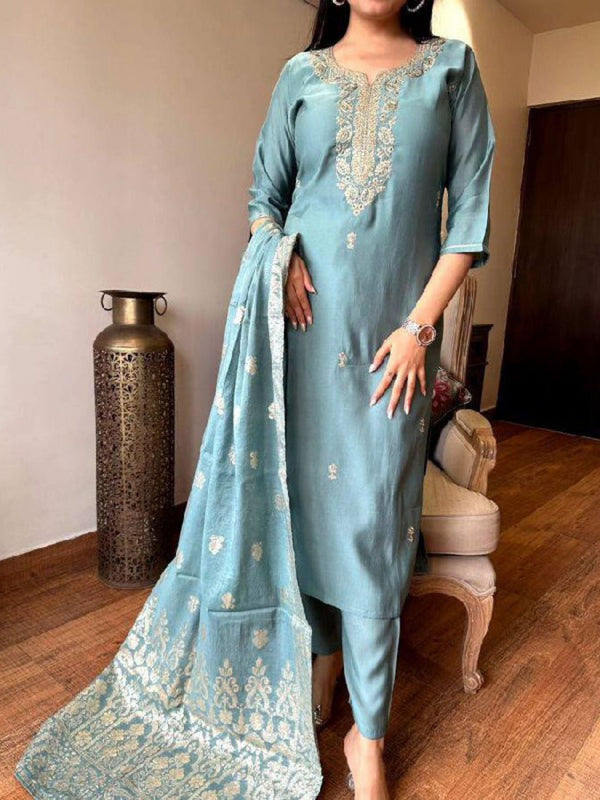 Turquoise Embroidered Kurta With Bottom & Dupatta Set