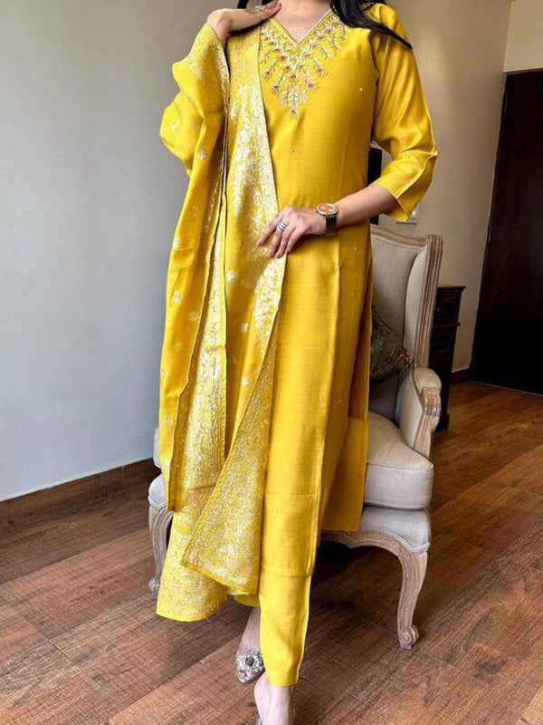 Chanderi Silk Embroidered Kurta With Bottom & Dupatta Set