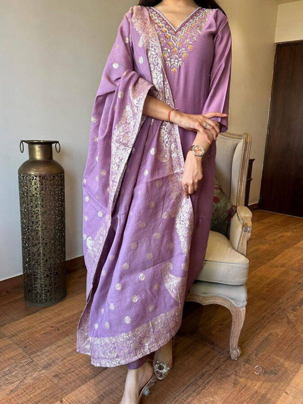 Onion Silk Embroidered Kurta With Bottom & Dupatta Set