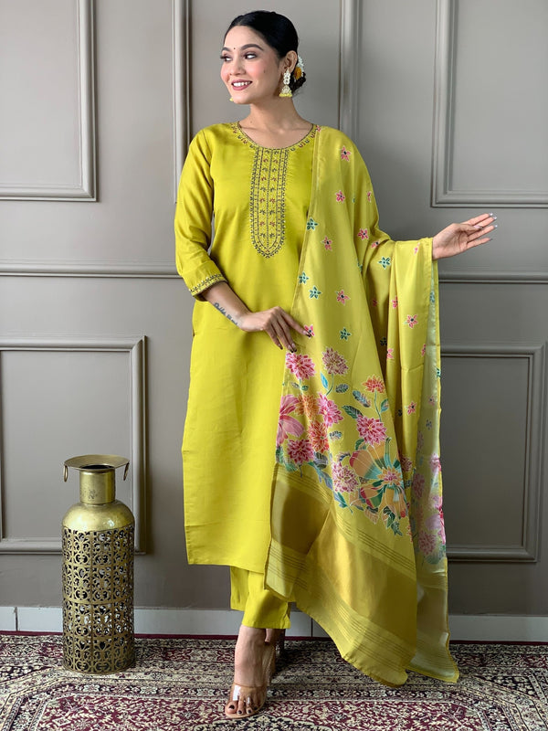 Round Neck Embroidered Kurta With Bottom & Dupatta Set