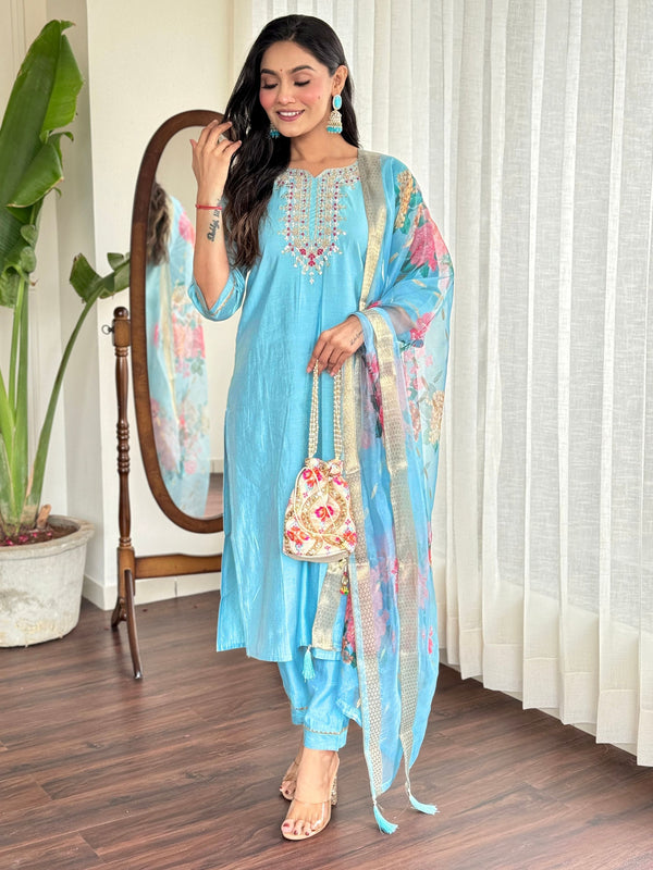 Chanderi Viscose Floral Embroidered Ethnic Set