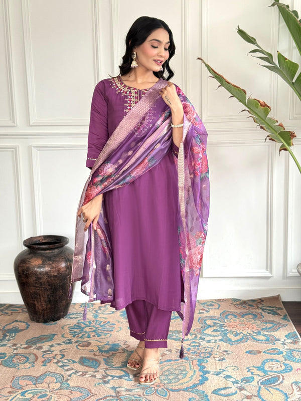 Wine Floral Embroidered Ethnic Set