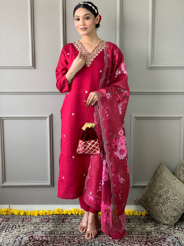 V- Neck Embroidered Kurta With Bottom & Dupatta Set
