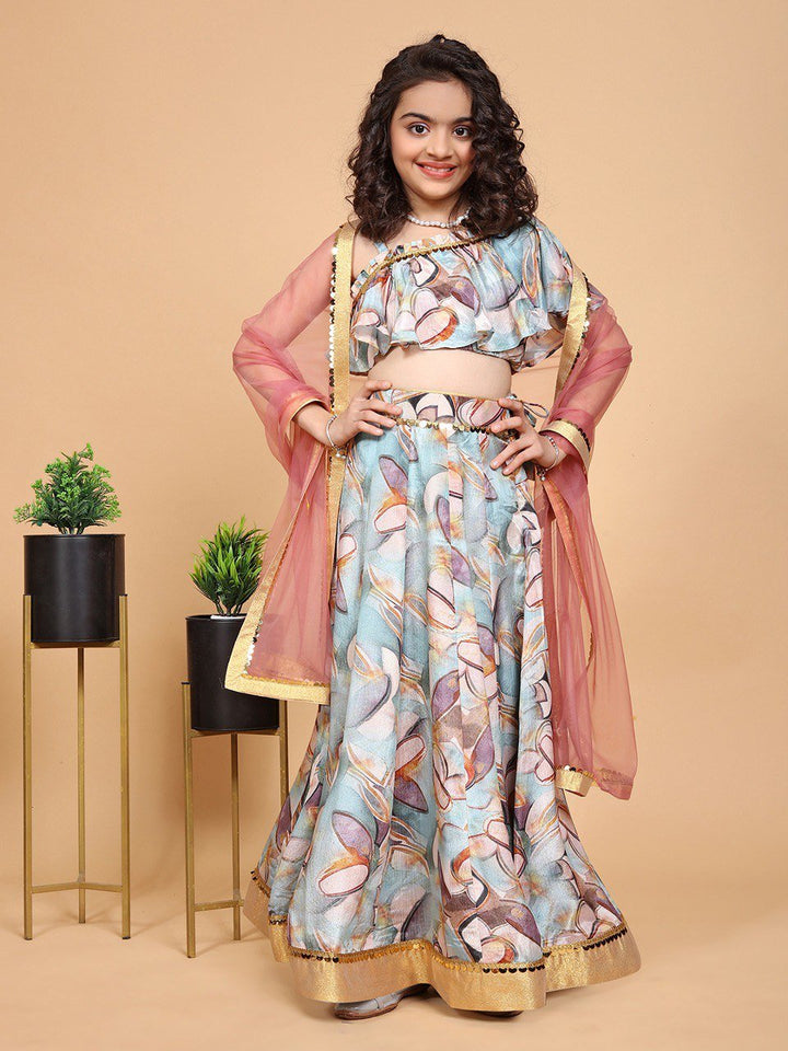 baby posing in Blue floral 3 piece lehenga set